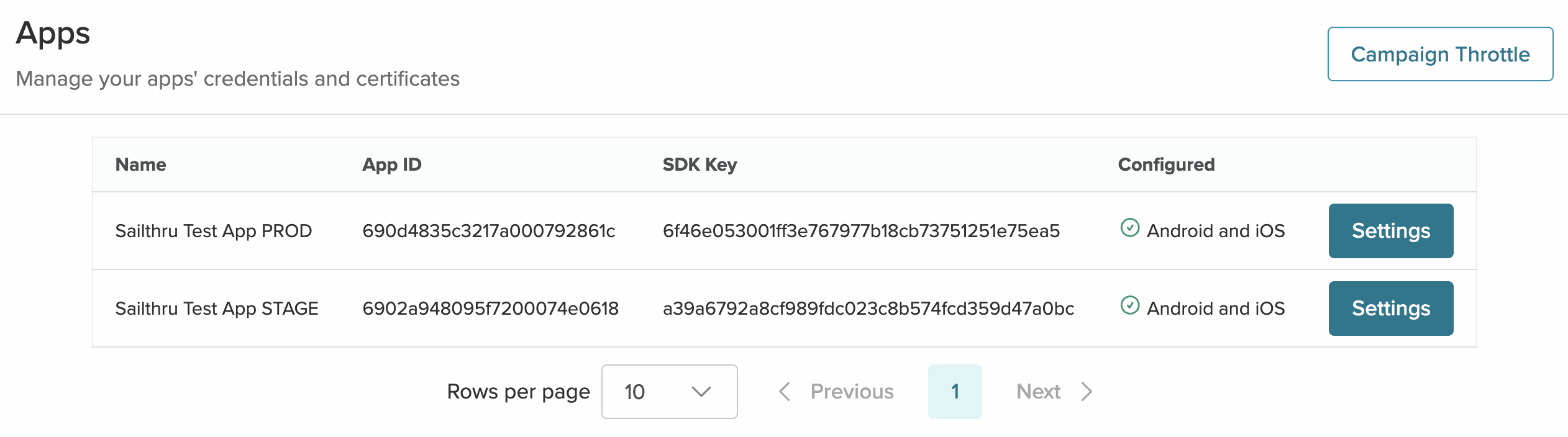 The App Settings list page
